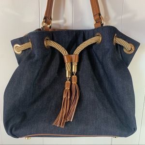 COPY - Michael Kors Marina Drawstring Rope Navy Denim Blue Brown Leather Should…